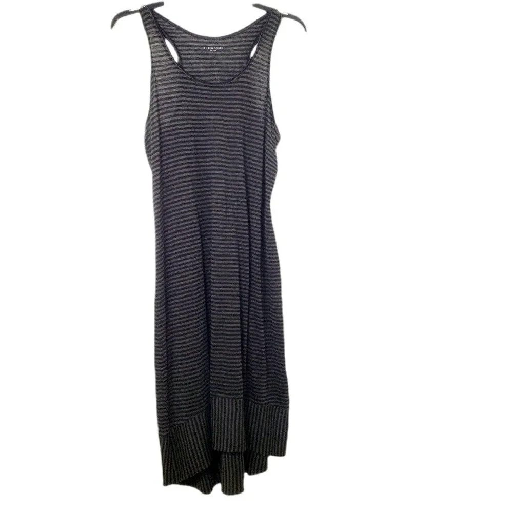 Eileen Fisher Striped‎ Linen Knit Racerback Tank Dress Grey Black Size Large